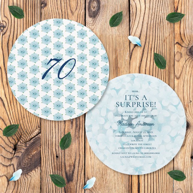 Invitation Blue Hydrangeas 70e fête d'anniversaire surprise (Front and Back)
