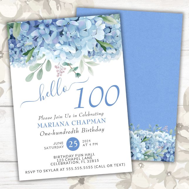 Invitation Blue Hydrangeas aquarelle Floral 100e anniversaire (Créateur téléchargé)