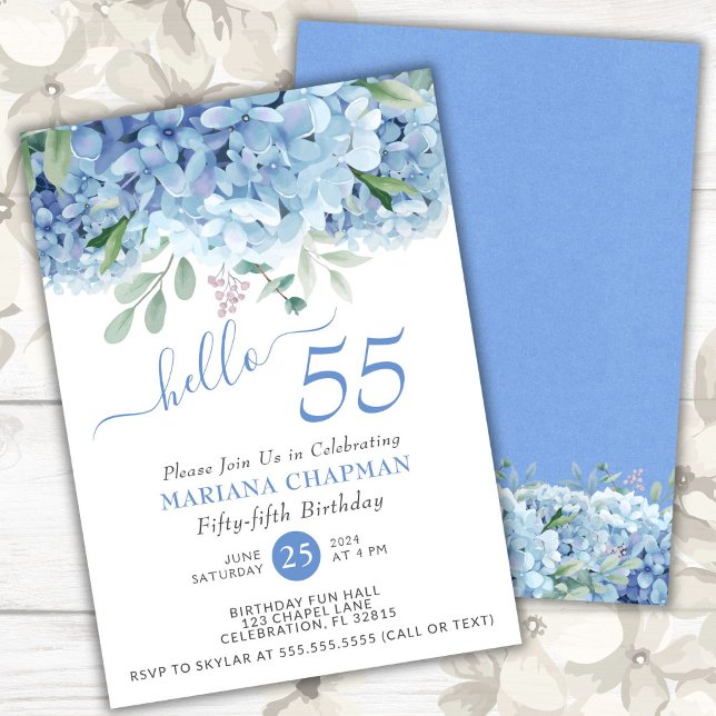 Invitation Blue Hydrangeas aquarelle Floral 55e anniversaire (Créateur téléchargé)