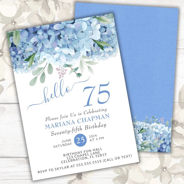 Invitation Blue Hydrangeas aquarelle Floral 75e anniversaire (Créateur téléchargé)