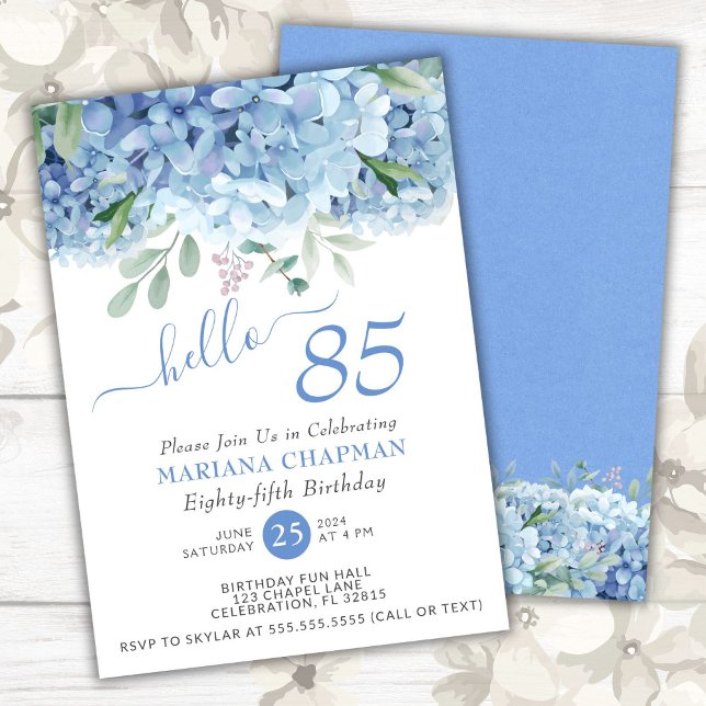 Invitation Blue Hydrangeas Aquarelle Floral 85e anniversaire (Créateur téléchargé)