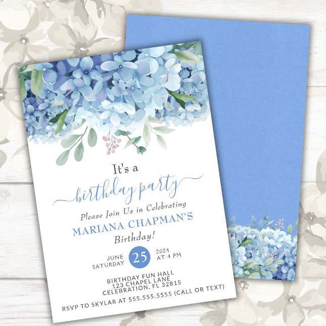 Invitation Blue Hydrangeas aquarelle Floral fête d'anniversai (Créateur téléchargé)