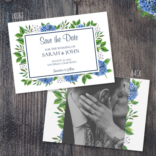 Invitation Blue Hydrangeas aquarelle photo Enregistrer la dat (Créateur téléchargé)