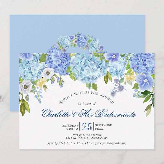 Invitation Blue Hydrangeas Floral Greenery Bridesmaids Brunch (Devant / Derrière)