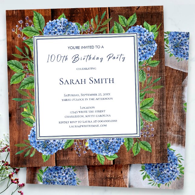 Invitation Blue Hydrangeas Rustic Wood 100e fête d'anniversai (Créateur téléchargé)