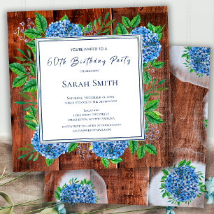 Invitation Blue Hydrangeas Rustic Wood 60e fête d'anniversair