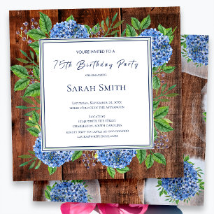 Invitation Blue Hydrangeas Rustic Wood 75e anniversaire