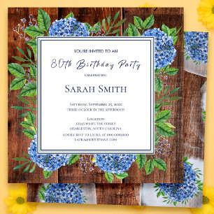 Invitation Blue Hydrangeas Rustic Wood 80e fête d'anniversair