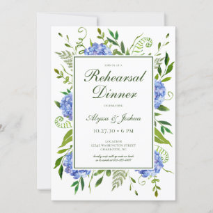 Invitation Blue Hydrangeas Script Dîner de répétition