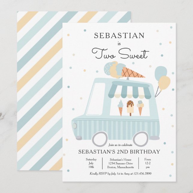 Invitation Blue Ice Cream Camion Deux sucré 2e fête d'anniver (Devant / Derrière)