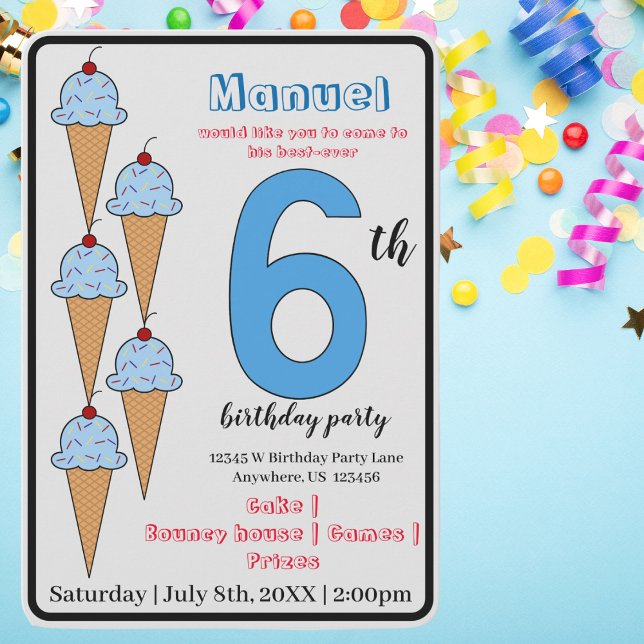 Invitation Blue Ice Cream Cones 6e anniversaire fête Enfants (Créateur téléchargé)