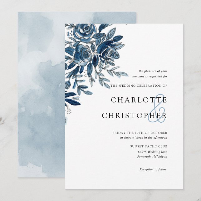 Invitation Blue indigo aquarelle lin fleuri mariage (Devant / Derrière)