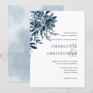 Invitation Blue indigo aquarelle lin fleuri mariage