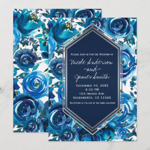 Invitation Blue Indigo Floral Flowers Élégant Mariage chic