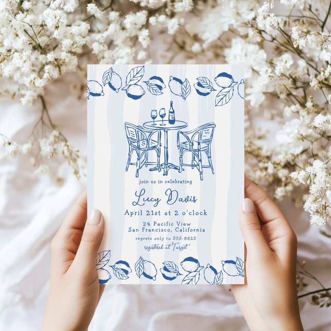 Invitation Blue Italian Bistro Lemon Stripe Bridal Shower (Créateur téléchargé)