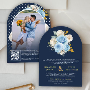 Invitation Blue Ivory Floral Roses QR Code Photo Mariage de l