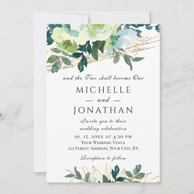 Invitation Blue Ivory Gold Floral Greenery Mariage chrétien (Devant)