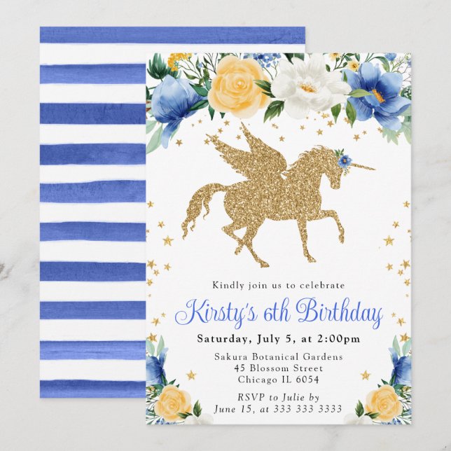 Invitation Blue Jaune Floral Or Unicorne Anniversaire (Devant / Derrière)