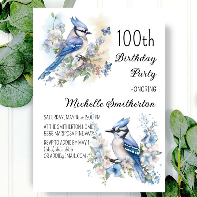 Invitation Blue Jay Bird Flowers Printemps 100e Anniversaire (Créateur téléchargé)