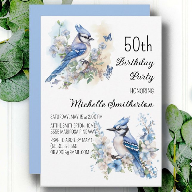 Invitation Blue Jay Bird Flowers Printemps 50e Anniversaire (Blue Jay women's 50th birthday party invitation, customizable with your own text. )