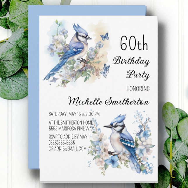 Invitation Blue Jay Bird Flowers Springtime 60e anniversaire (Blue Jay women's 60th birthday party invitation, customizable with your own text)