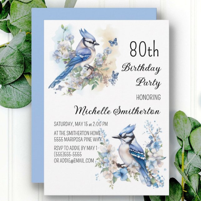 Invitation Blue Jay Bird Flowers Springtime 80e anniversaire (Créateur téléchargé)