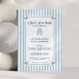 Invitation Blue Jean Baby Shower Coastal Stripe Bows