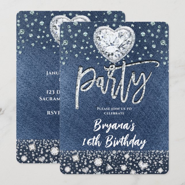 Invitation Blue Jean Denim & Bling Diamonds Anniversaire (Devant / Derrière)