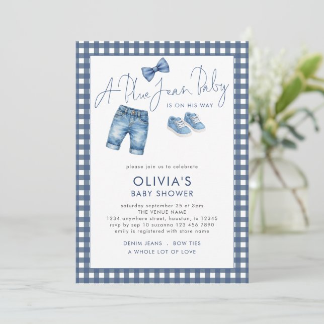 Invitation Blue Jean Denim Boy Gingham Baby Shower  (Debout devant)