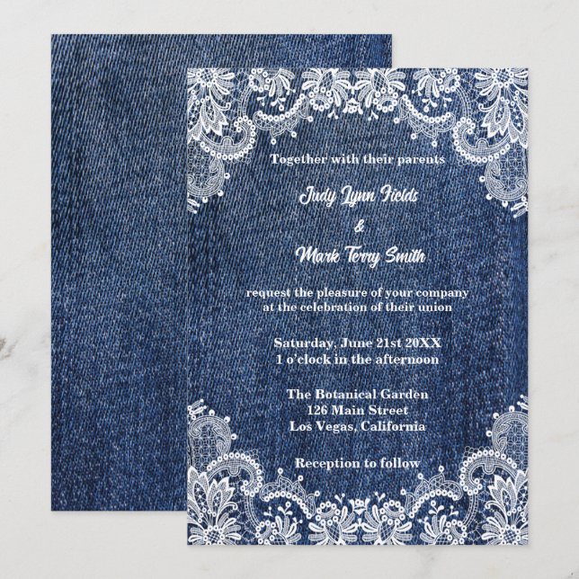 Invitation Blue Jean Denim Et Lace Mariage (Devant / Derrière)