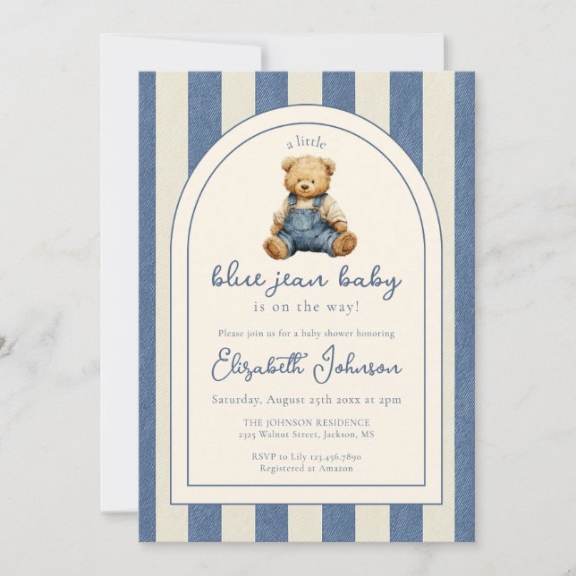 Invitation Blue Jean Denim Teddy Bear QR Code Baby Shower (Devant)
