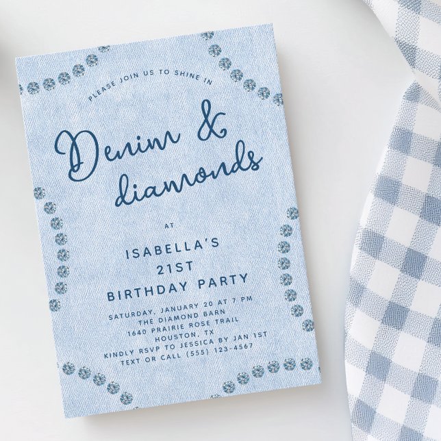Invitation Blue Jeans Denim et Diamonds 21ème anniversaire fê (Blue Jeans Denim and Diamonds 21st Birthday Party Invitation)