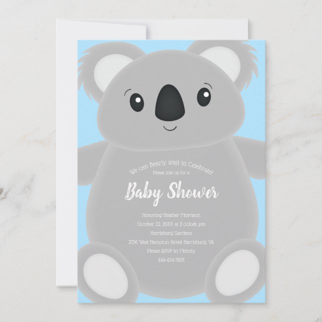 Invitation Blue Koala Bear Baby shower (Devant)