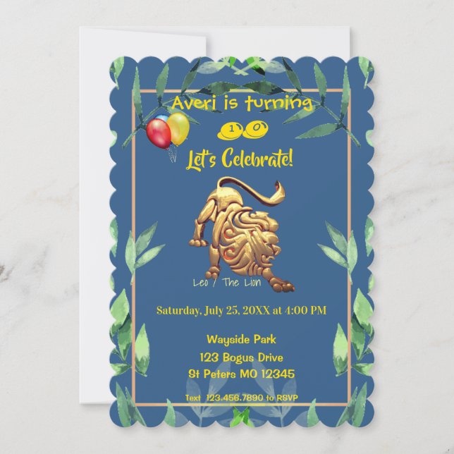 Invitation Blue Leo (23 juillet - 22 août) anniversaire (Devant)
