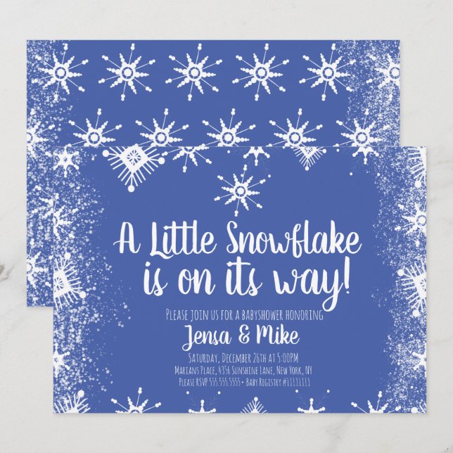Invitation Blue Little Snowflakes SnowScript Baby shower (Devant / Derrière)