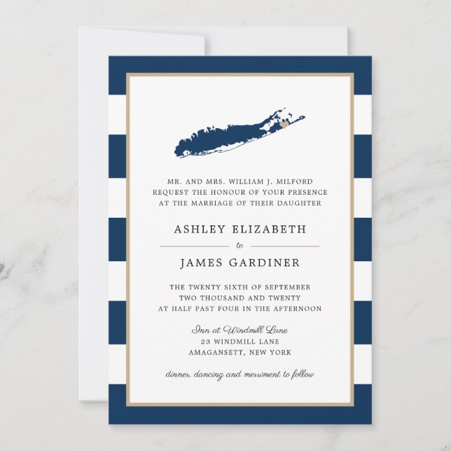 Invitation Blue Long Island Map East Hampton Heart Mariage (Devant)