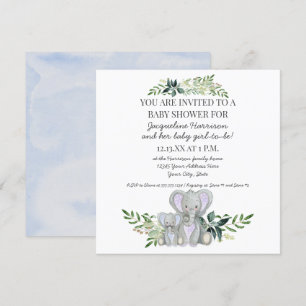 Invitation Blue maman n Baby Elephant w Foliage Garçon Douche