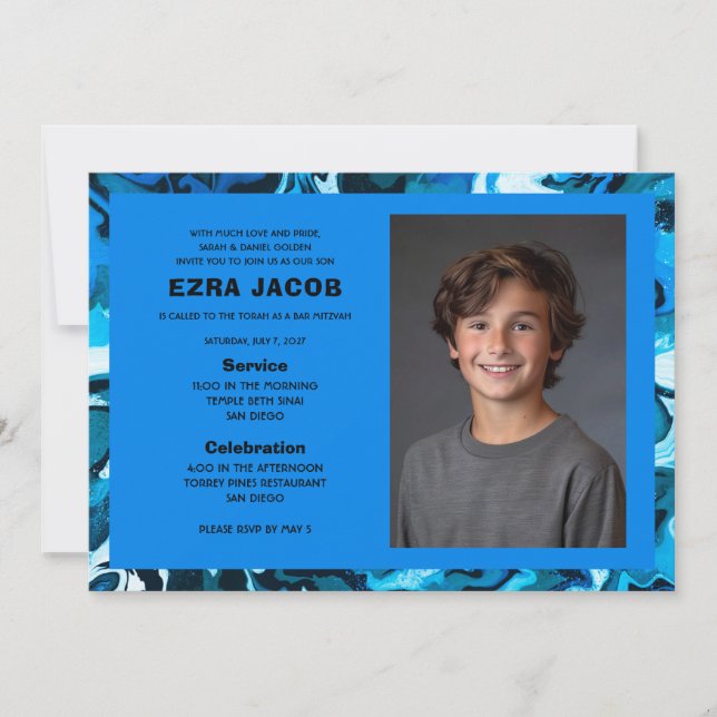 Invitation Blue Marble Custom PHOTO Bar Bat Mitzvah (Devant)