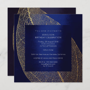 Invitation Blue Marine Navy Leaf Gold Birthday Party