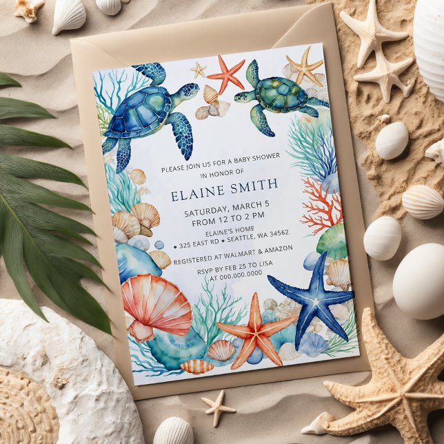 Invitation Blue Marine Seashells Ocean Sea Beach Baby shower (Blue Marine Seashells Ocean Sea Beach Baby Shower Invitation)