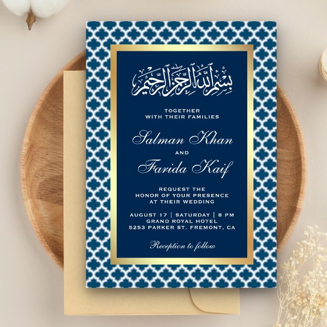 Invitation Blue Marocain Quatrefoil Motif Mariage islamique (Créateur téléchargé)