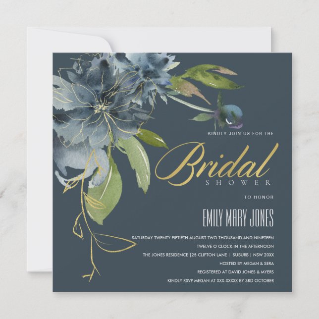 INVITATION BLUE MARY OR FLORAL BOHO BLOOMS FÊTE DES MARIÉES (Devant)