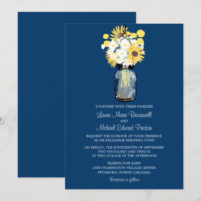 Invitation Blue Mason Jar Daisies Jaune Sunflowers Mariage (Devant / Derrière)