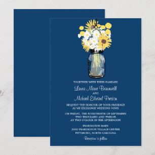 Invitation Blue Mason Jar Daisies Jaune Sunflowers Mariage