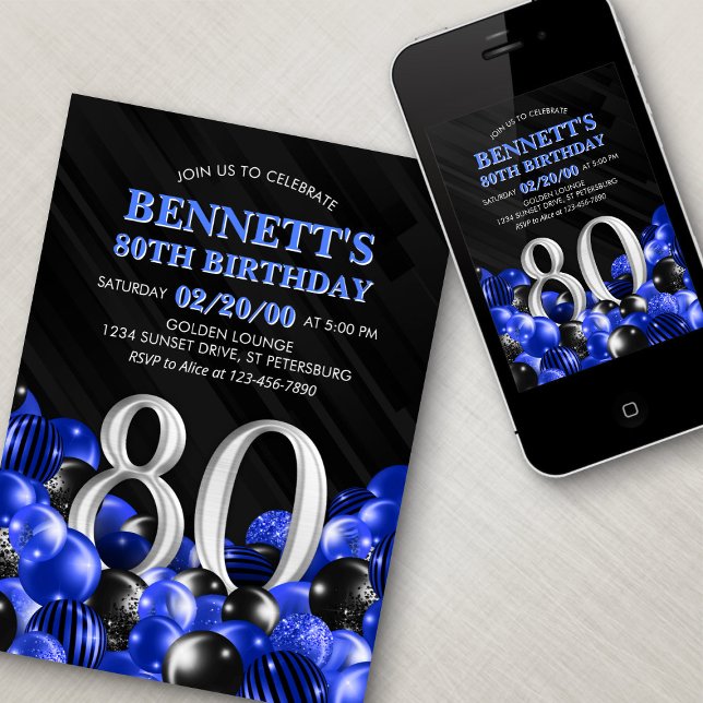 Invitation Blue Mens 80e anniversaire (Créateur téléchargé)
