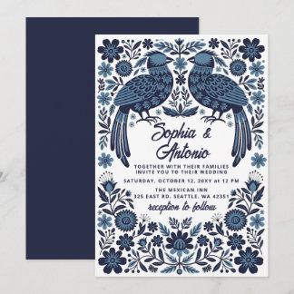 Invitation Blue Mexican Birds Otomi Floral Fiesta Wedding