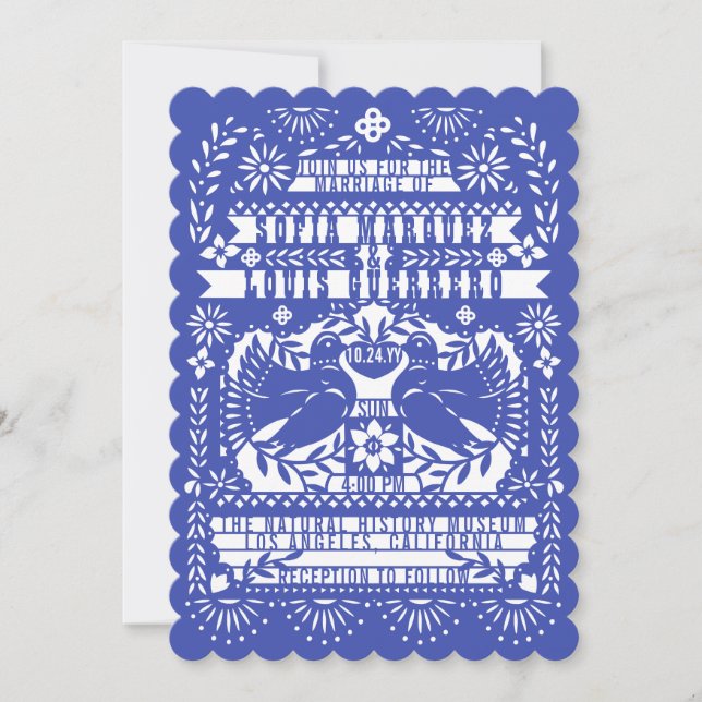 Invitation Blue Mexican Fantail Doves Papel Picado Mariage (Devant)
