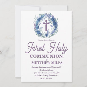 Invitation Blue Minimaliste florale première communion cathol
