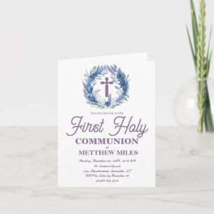 Invitation Blue Minimaliste florale première communion cathol