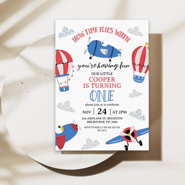 Invitation Blue moderne Comment le temps vole 1er anniversair (Modern How Time Flies 1st Birthday Invitation Boy, Plane Airplanes Hot Air Balloon, Plane Invitation)